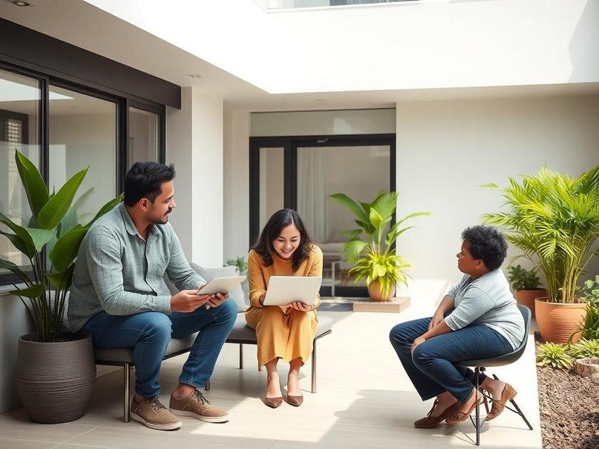 Família diversificada visitando uma casa moderna, ilustrando o processo de compra de imóveis em São Pedro da Aldeia.