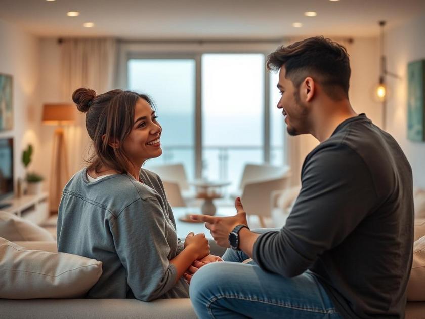 Casal jovem multicultural visitando um imóvel à venda em sala de estar luminosa com vista para o mar.
