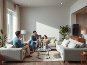 Família multigeracional explorando imóvel à venda em sala de estar moderna com luz suave.