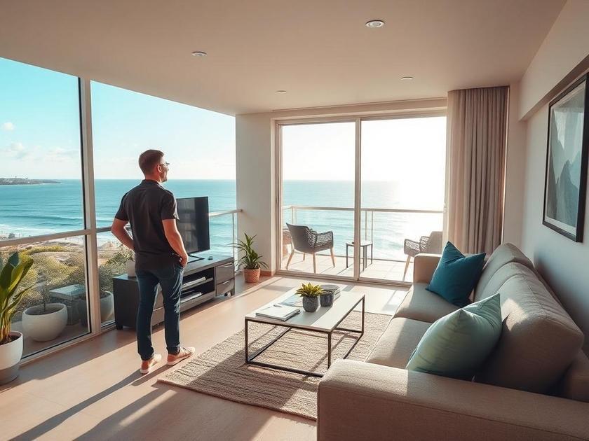 Comprador de imóvel em São Pedro da Aldeia explorando apartamento à beira-mar.