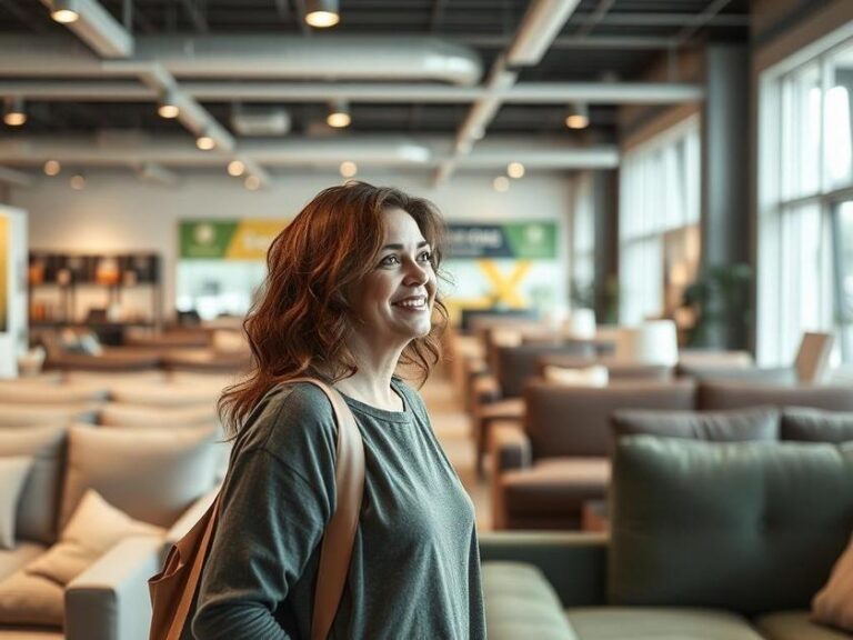 Pessoa escolhendo móveis em loja, refletindo as dicas do Guia de Compras: Onde Encontrar Móveis para o Brisas.