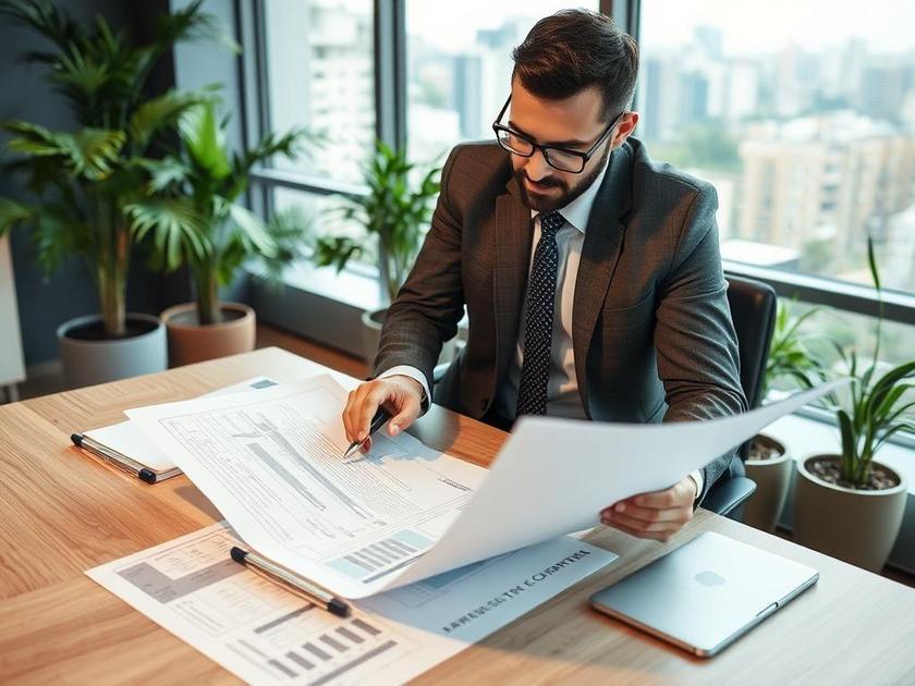 Casal diversificado analisando documentos imobilliários em escritório moderno com vista para a cidade.