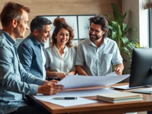 Família diversificada em um escritório discutindo a compra de um imóvel com plantas e documentos, transmitindo confiança.