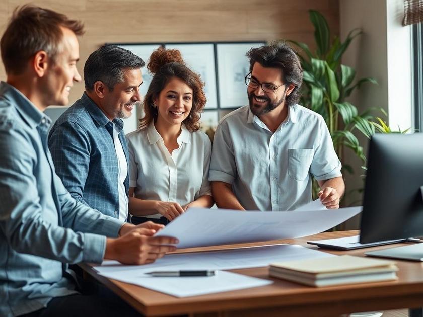 Família diversificada em um escritório discutindo a compra de um imóvel com plantas e documentos, transmitindo confiança.