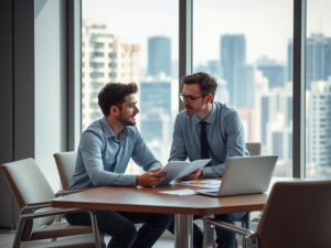 Casal jovem discutindo sobre compra de imóvel com corretor em escritório moderno.