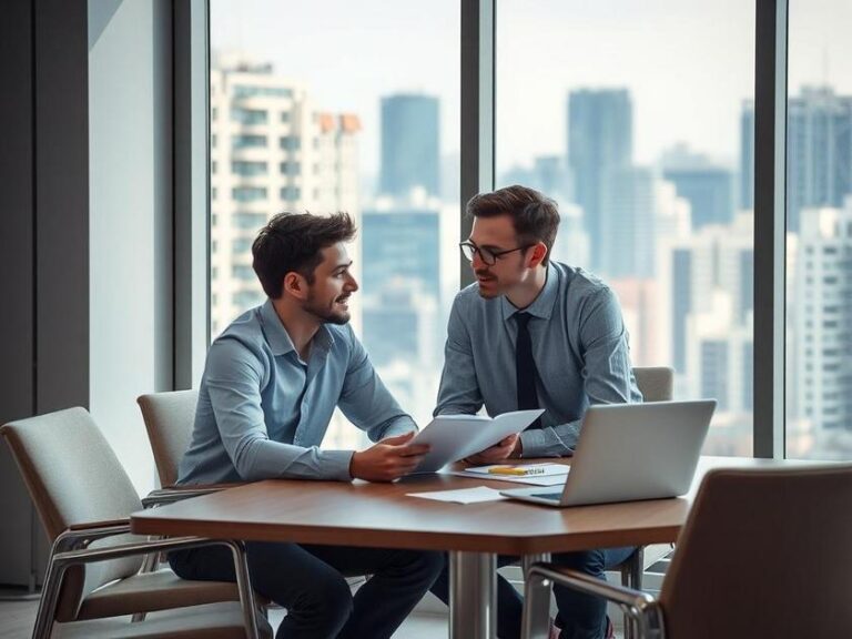 Casal jovem discutindo sobre compra de imóvel com corretor em escritório moderno.