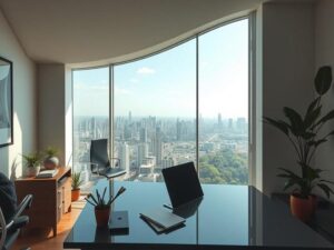 Profissional concentrado em home office com vista panorâmica para a cidade, otimizando seu espaço de trabalho em apartamento.