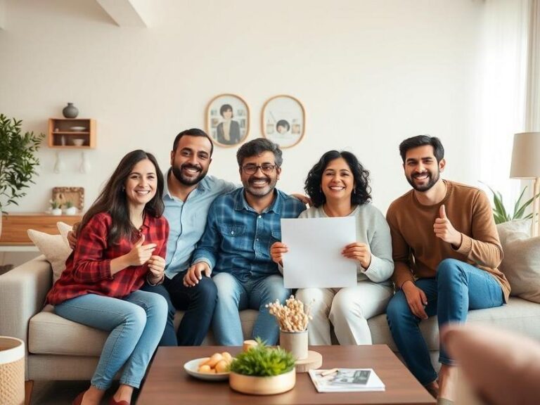 Família diversificada celebrando a compra de um imóvel em sala de estar confortável, refletindo a riqueza no contexto de 'Imóveis como Patrimônio'.