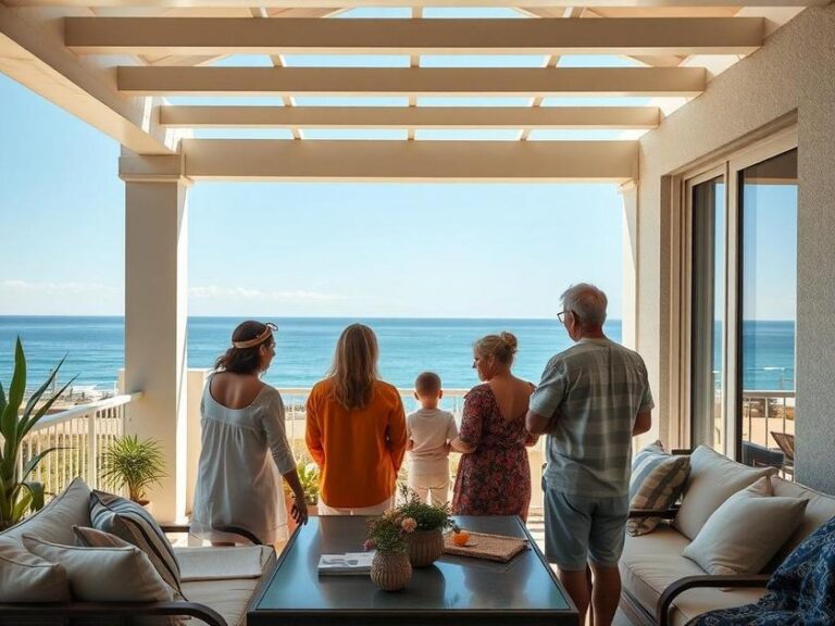 Família multicultural visitando casa à beira-mar em São Pedro da Aldeia durante dia ensolarado, explorando oportunidades imobiliárias.