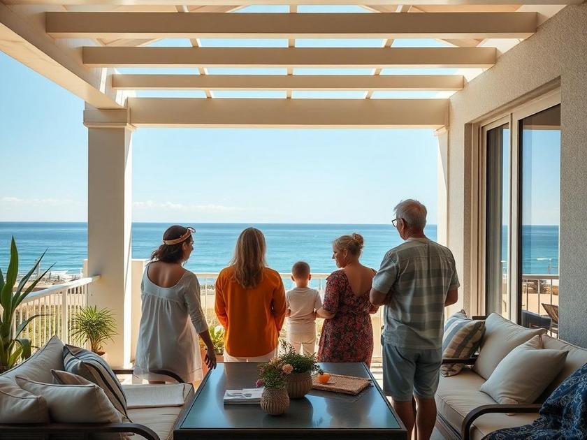 Família multicultural visitando casa à beira-mar em São Pedro da Aldeia durante dia ensolarado, explorando oportunidades imobiliárias.