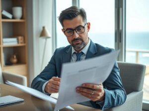Comprador de imóvel revisando contrato em escritório com vista para o mar durante o dia.