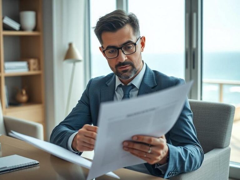 Comprador de imóvel revisando contrato em escritório com vista para o mar durante o dia.
