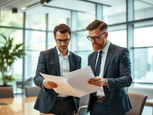 Comprador e consultor imobiliário analisando documentos em sala de conferências moderna