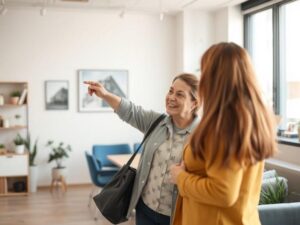 Pessoa indicando imóvel para amigo em escritório com cores azul e branco, representando o Programa de Indicações.