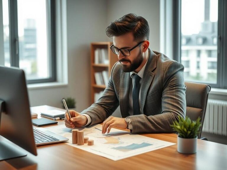 Investidor diversificado analisando gráficos de imóveis em escritório, tema Inflação e Imóveis: Protegendo Seu Dinheiro.