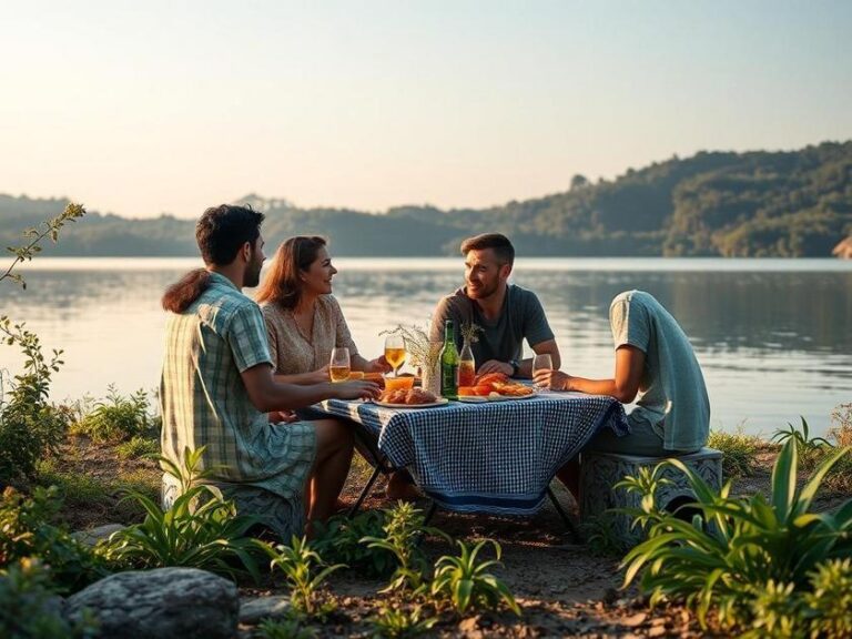Família diversificada desfrutando de um piquenique à beira da lagoa, destacando a integração com a natureza e seus benefícios psicológicos.