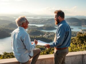 Casal discutindo investimento em imóvel no Brisas da Lagoa, representando potencial de valorização.