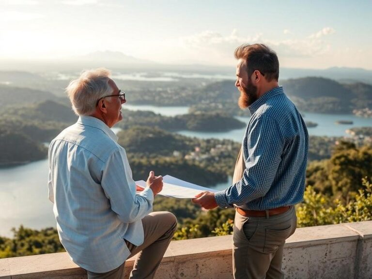 Casal discutindo investimento em imóvel no Brisas da Lagoa, representando potencial de valorização.