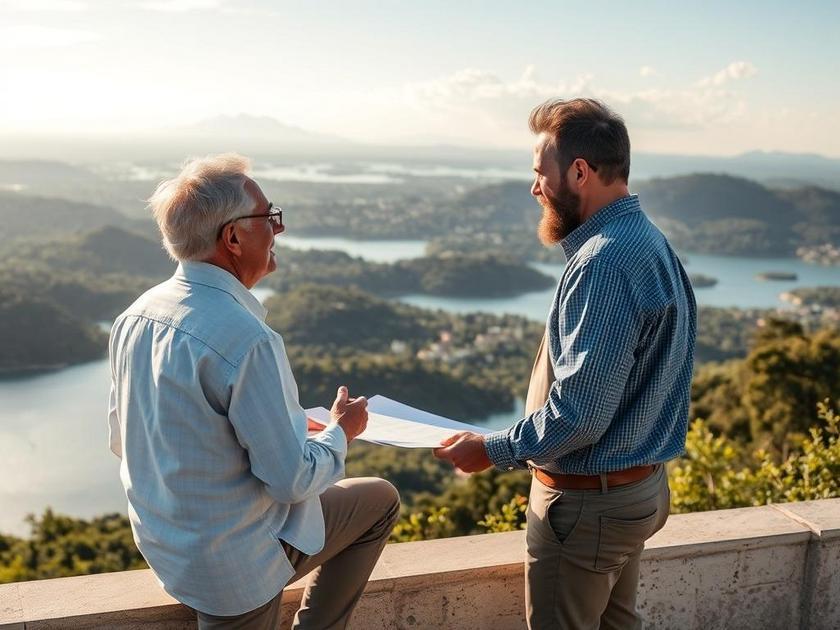 Casal discutindo investimento em imóvel no Brisas da Lagoa, representando potencial de valorização.