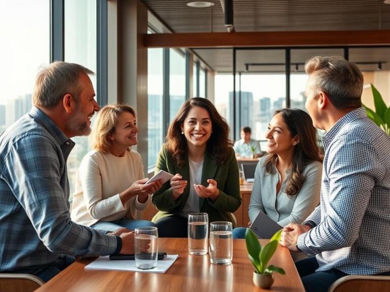 Família diversificada discutindo investimento em imóvel em sala de reuniões moderna com vista para a cidade.