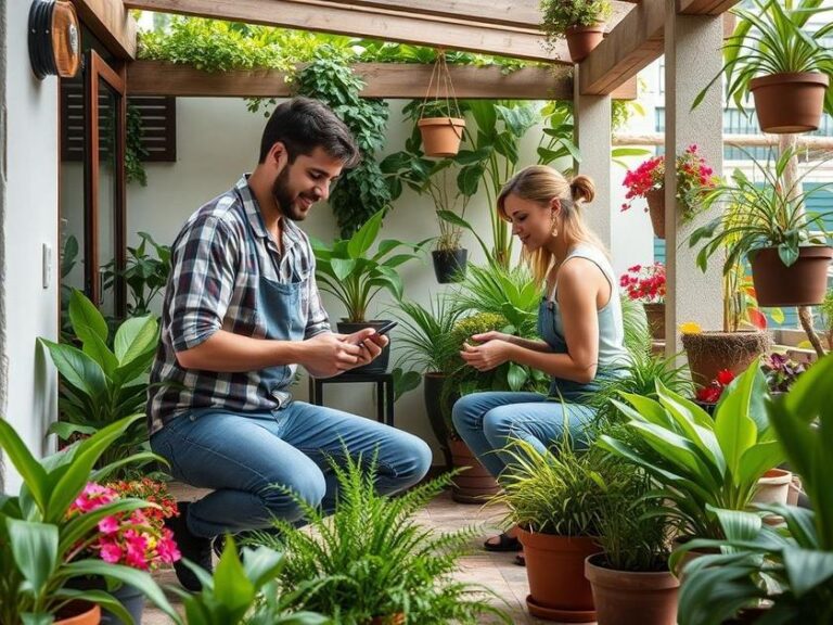 Casal diversificado cuidando de um jardim na varanda, trazendo vida ao espaço, Jardim na Varanda: Ideias para Decorar com Plantas.