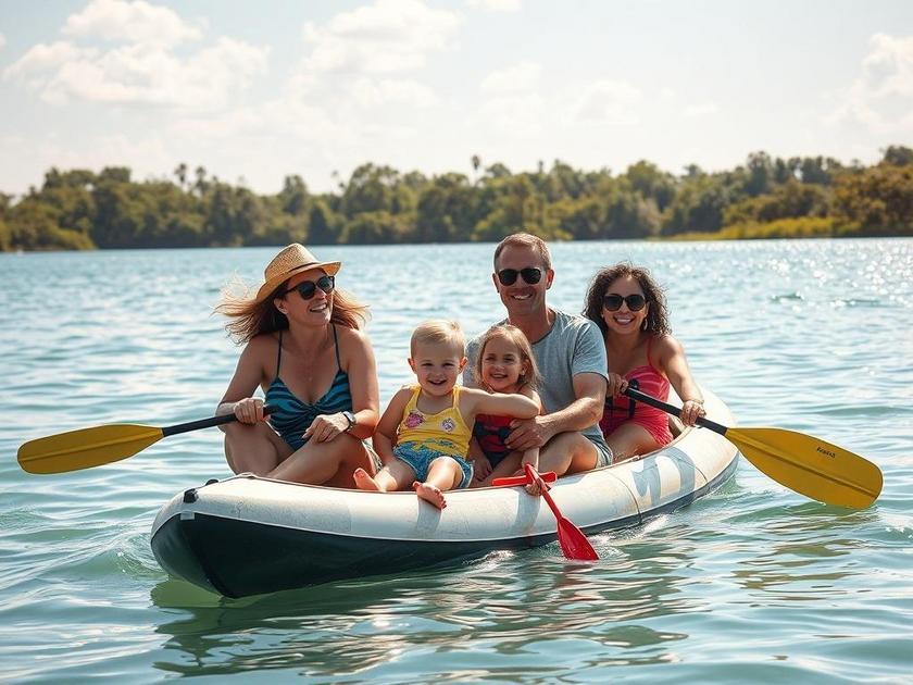 Família diversificada desfrutando da Lagoa de Araruama, evidenciando os benefícios de viver à beira da água.