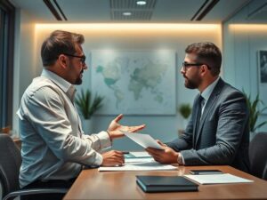 Agente imobiliário explicando laudêmio a casal diversificado em escritório moderno sobre imóveis na região dos Lagos.