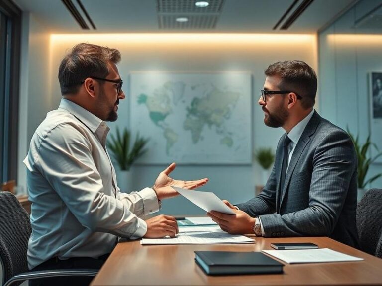 Agente imobiliário explicando laudêmio a casal diversificado em escritório moderno sobre imóveis na região dos Lagos.