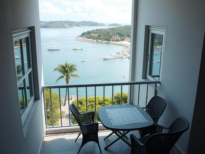 Morador inspecionando janelas de apartamento à beira da lagoa, ressaltando a importância da manutenção do imóvel.