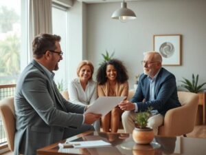 Agente imobiliário ajudando família diversificada em consulta sobre imóveis em um escritório moderno.