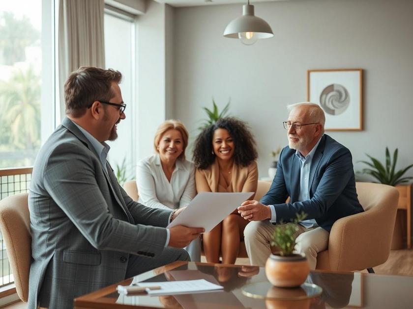Agente imobiliário ajudando família diversificada em consulta sobre imóveis em um escritório moderno.