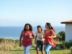 Família multicultural explorando um imóvel em São Pedro da Aldeia, com vista para o mar e área verde.