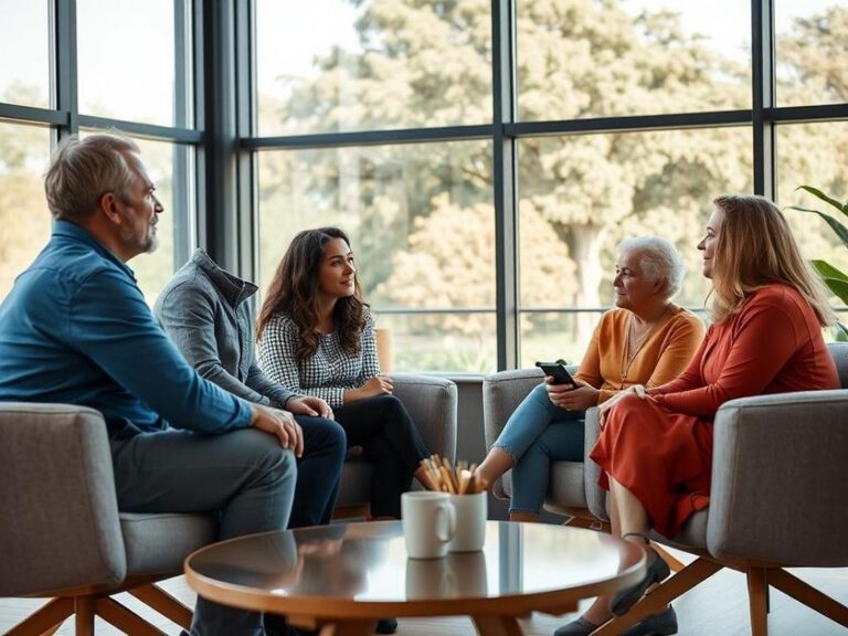 Famílias de diversas idades e etnias conversando com corretor em sala de estar moderna em São Pedro da Aldeia.
