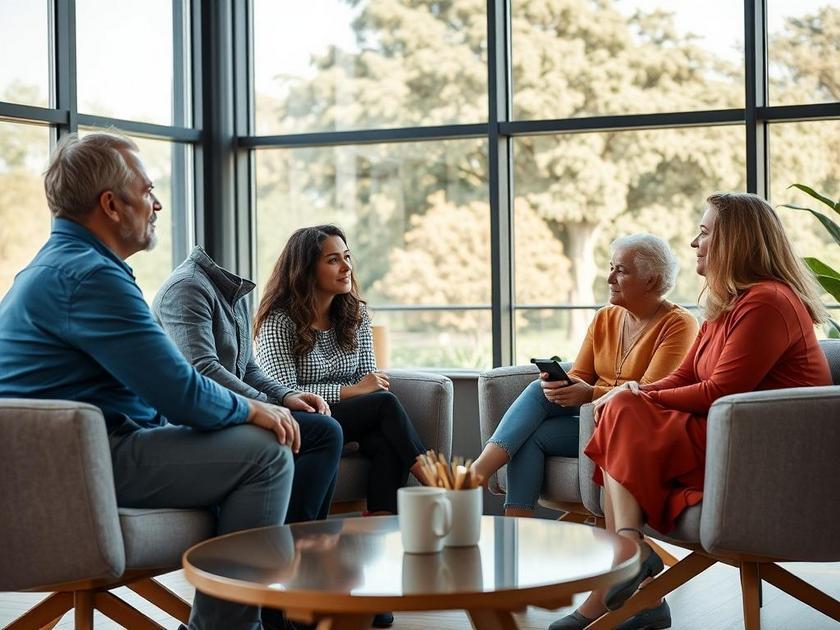 Famílias de diversas idades e etnias conversando com corretor em sala de estar moderna em São Pedro da Aldeia.