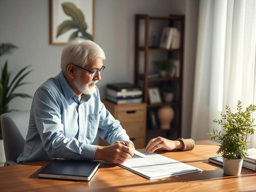 Consultor imobiliário experiente orientando cliente idoso sobre compra de imóvel em escritório acolhedor.