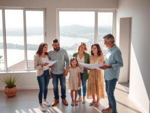 Família diversa visitando um novo empreendimento imobiliário em São Pedro da Aldeia, com vista para a lagoa.
