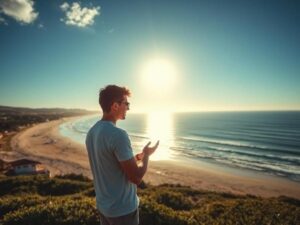 Casal jovem consultando corretor de imóveis na praia de São Pedro da Aldeia ao pôr do sol.