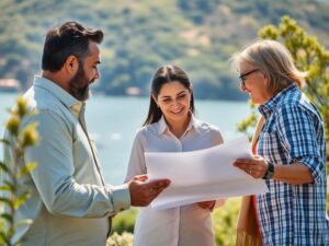 Família diversificada discutindo a compra de imóvel em São Pedro da Aldeia com vista para o mar.