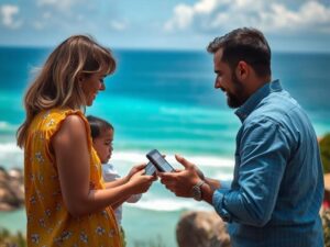 Família diversificada analisando imóvel à beira-mar em São Pedro da Aldeia, transmitindo curiosidade e entusiasmo.