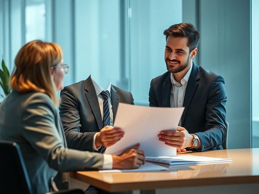 Corretor de imóveis orientando jovem casal sobre compra em ambiente de escritório imobiliário.