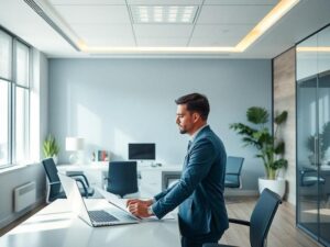 Casal diversificado avaliando opções de imóveis com corretor em escritório moderno de corretagem.