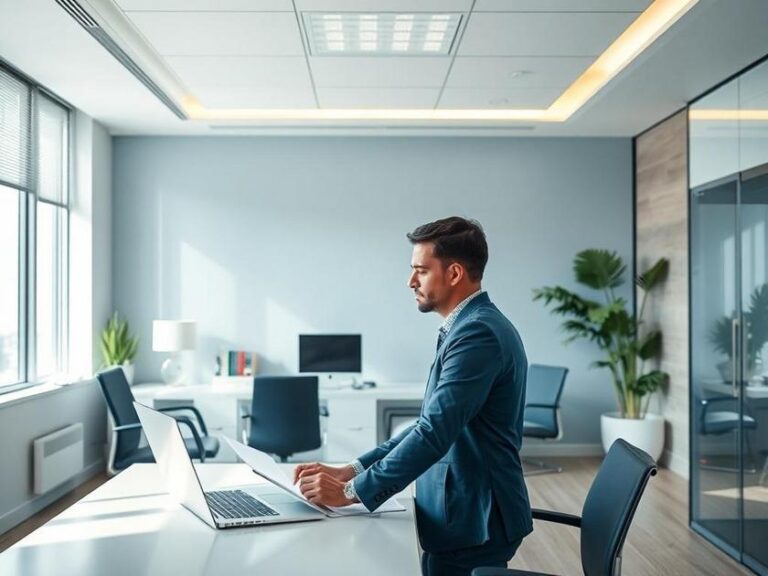 Casal diversificado avaliando opções de imóveis com corretor em escritório moderno de corretagem.