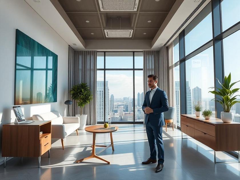 Profissional do setor imobiliário apresenta gráficos a casal diversificado em escritório moderno com vista na cidade.