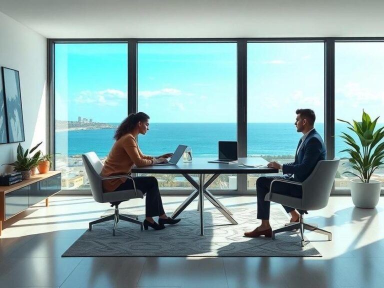 Investidores e corretores analisando projetos do mercado imobiliário na Região dos Lagos em escritório moderno.