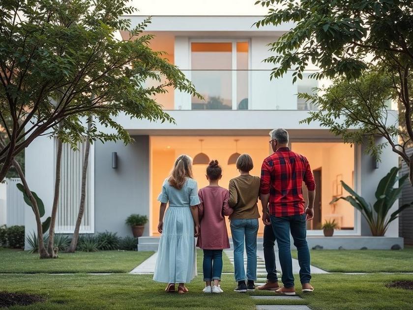 Família em mudança em frente a uma casa nova, refletindo o tema 'Mudança para o Brisas: Checklist para Novos Moradores'.