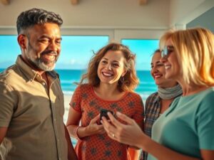 Família diversa avaliando imóvel à beira-mar com entusiasmo em casa moderna.