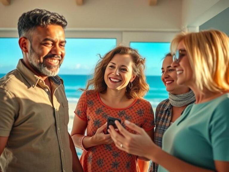 Família diversa avaliando imóvel à beira-mar com entusiasmo em casa moderna.