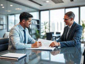 Investidor consultando corretor em escritório moderno sobre oportunidades no mercado imobiliário em São Pedro da Aldeia.