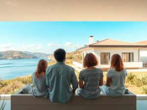 Família diversificada visitando um imóvel moderno em São Pedro da Aldeia com vista para a lagoa.