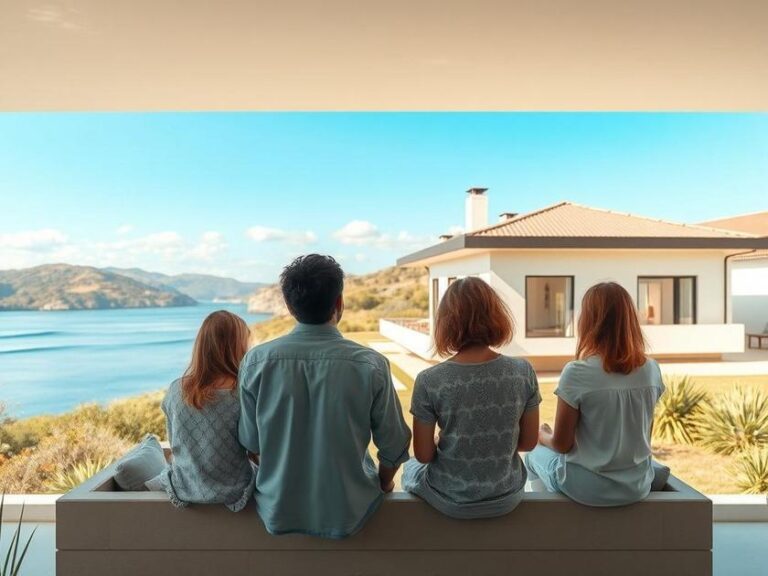 Família diversificada visitando um imóvel moderno em São Pedro da Aldeia com vista para a lagoa.